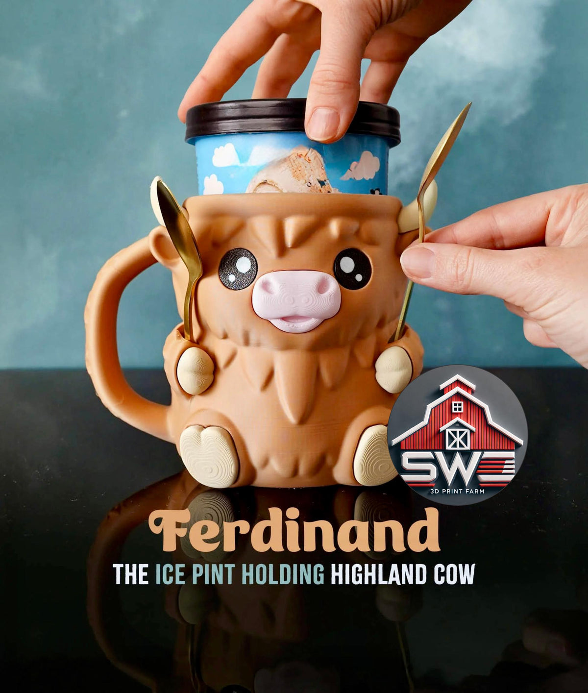 Ferdinand Highland Cow Ice Cream Pint Holder – 3D Printed with Spoon Slots & Snack Drawer