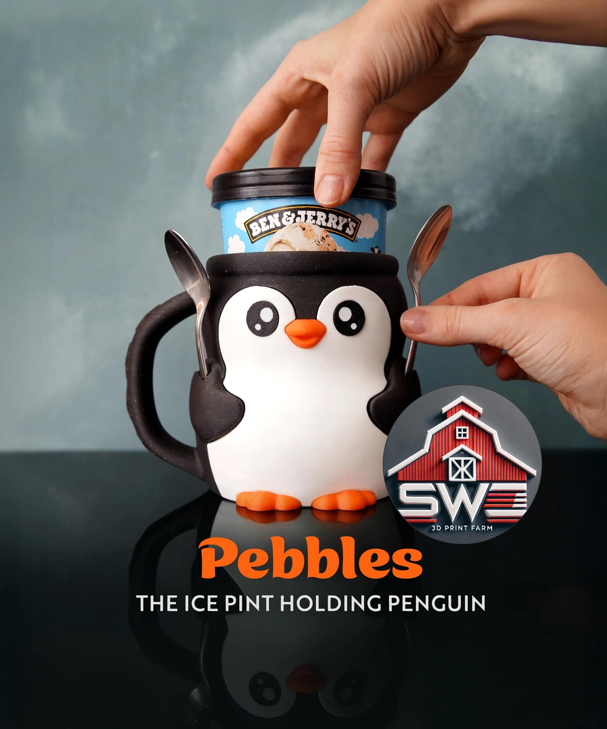 Pebbles the Penguin Ice Cream Pint Holder with Spoon Slots | Eco-Friendly 3D Print + Free Gift