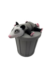 Articulated raccoon, fox, skunk and opossum with mini trash can or tree stump