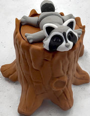 Articulated raccoon, fox, skunk and opossum with mini trash can or tree stump
