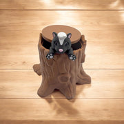 Articulated raccoon, fox, skunk and opossum with mini trash can or tree stump