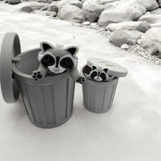 Articulated raccoon, fox, skunk and opossum with mini trash can or tree stump
