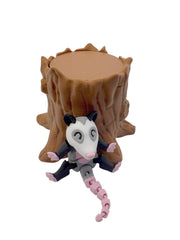 Articulated raccoon, fox, skunk and opossum with mini trash can or tree stump