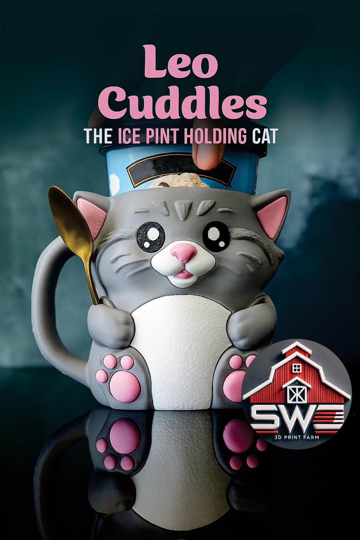 Leo Cuddles the Cat Ice Cream Pint Holder – 3D Printed Kitty Cup with Spoon Slots & Snack Drawer | 16oz Gift for Cat Lovers