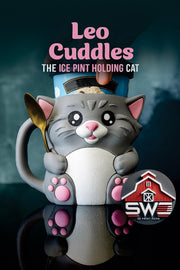 Leo Cuddles the Cat Ice Cream Pint Holder – 3D Printed Kitty Cup with Spoon Slots & Snack Drawer | 16oz Gift for Cat Lovers
