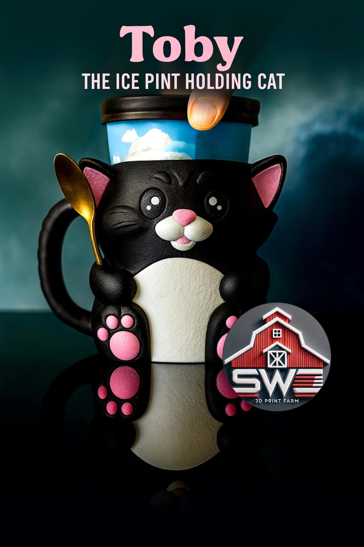 Toby the Cat Ice Cream Pint Holder – 3D Printed Kitty Cup with Spoon Slots & Secret Snack Drawer | 16oz Gift for Cat Lovers