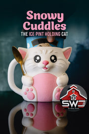 Leo Cuddles the Cat Ice Cream Pint Holder – 3D Printed Kitty Cup with Spoon Slots & Snack Drawer | 16oz Gift for Cat Lovers