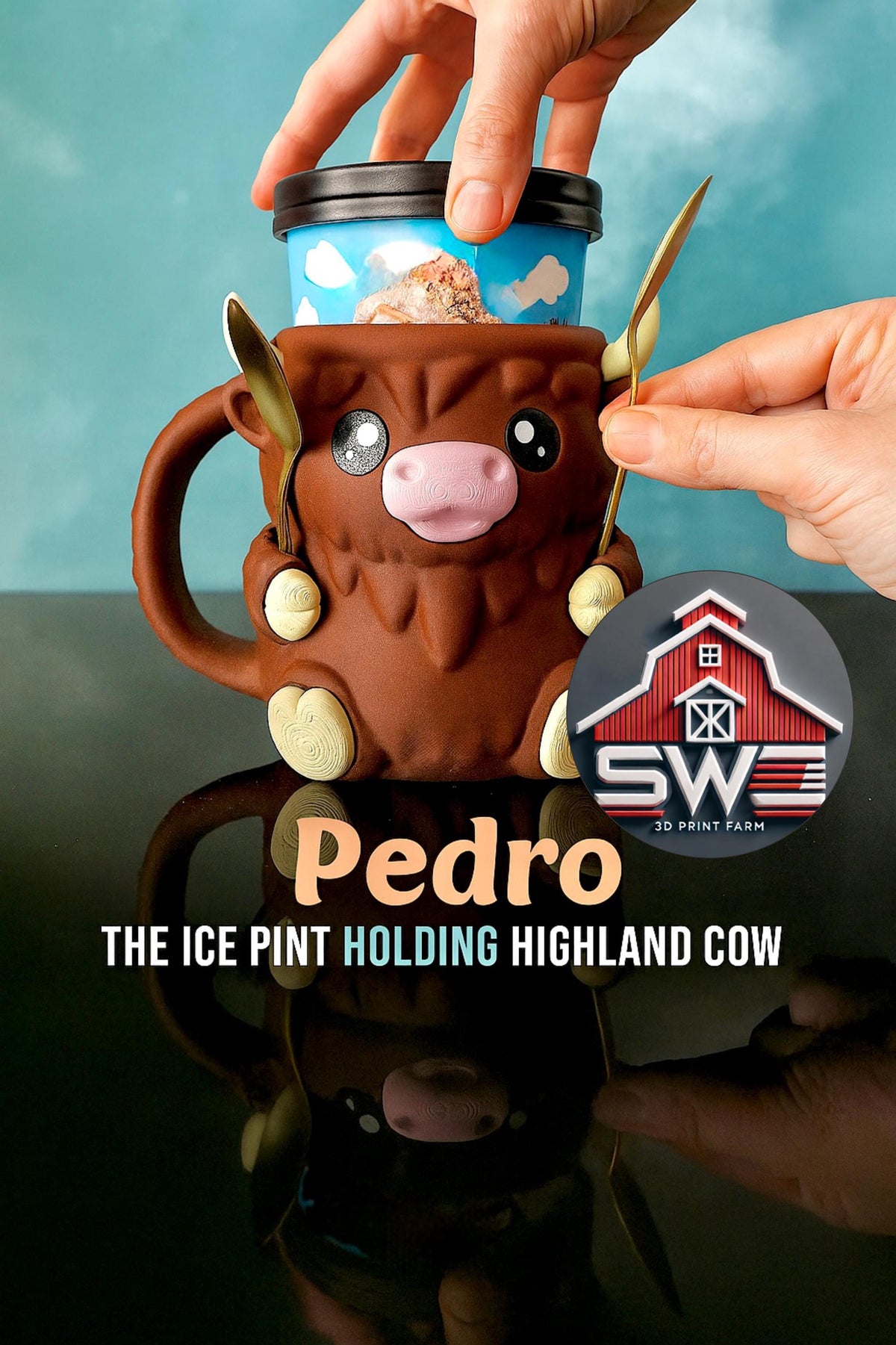 Pedro Ice Cream Pint Holder the Highland Cow with Spoon Slots | Eco-Friendly 3D Print + Free Gift