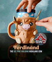 Ferdinand Highland Cow Ice Cream Pint Holder – 3D Printed with Spoon Slots & Snack Drawer