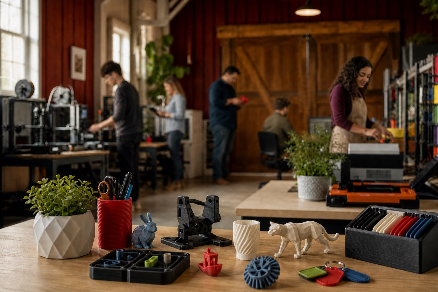 Finished FDM products in focus with the SW Design family working inside their barn print farm